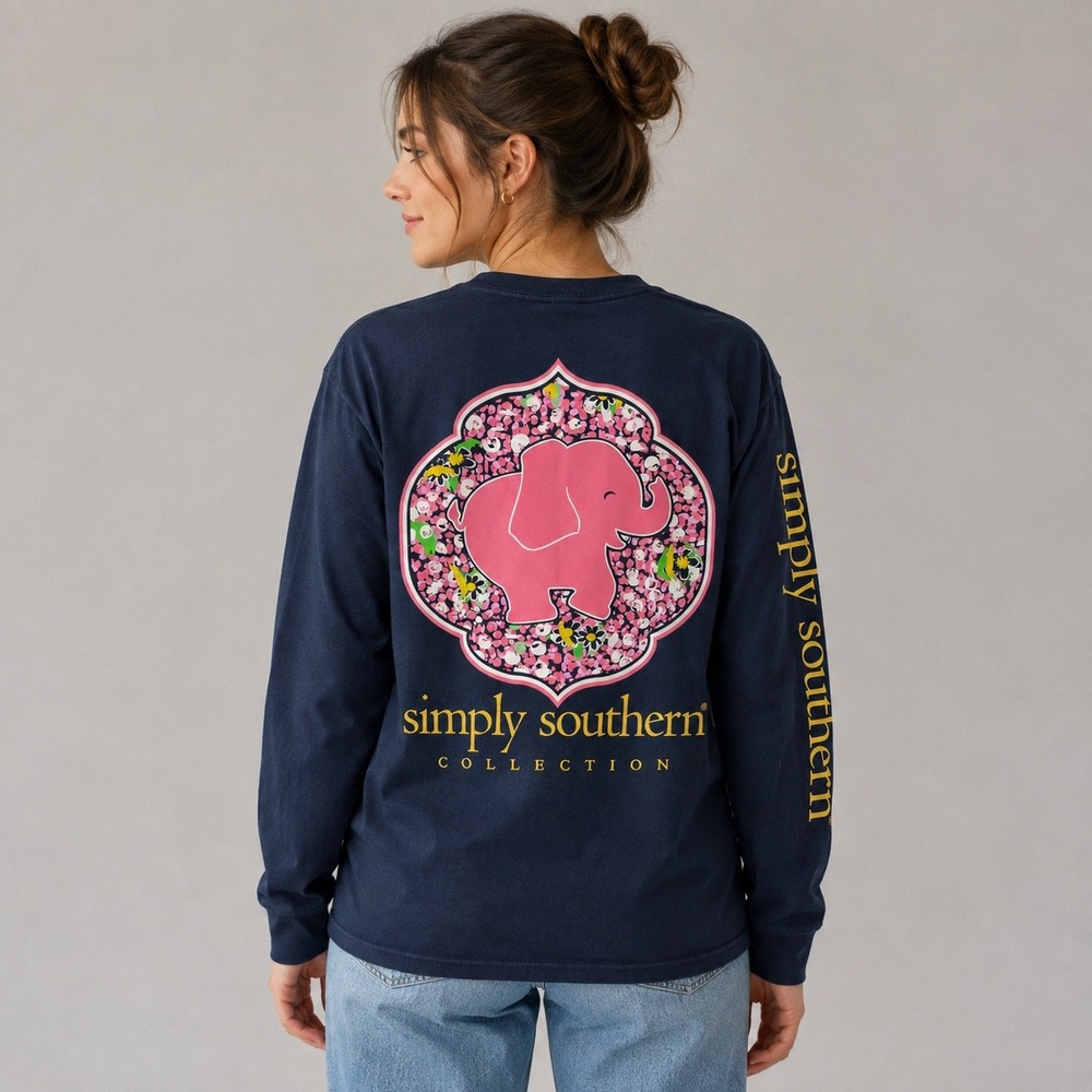 Simply Southern Women Navy Blue Long Sleeve Elephant Graphic Tee Shirt Medium